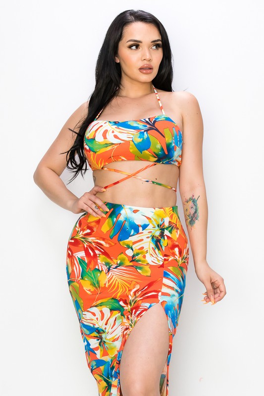 Tropical Print Halter & Midi Skirt Set