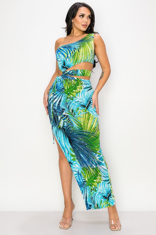 Tropical Cut Out One Shoulder Maxi Dress