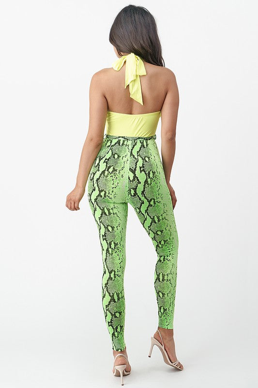 2 in 1 Solid and Snakeskin Print Halter Jumpsuit