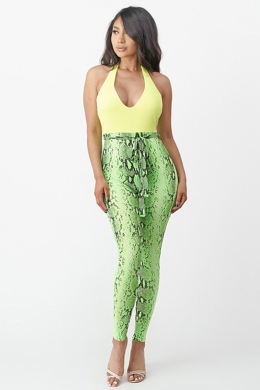 2 in 1 Solid and Snakeskin Print Halter Jumpsuit