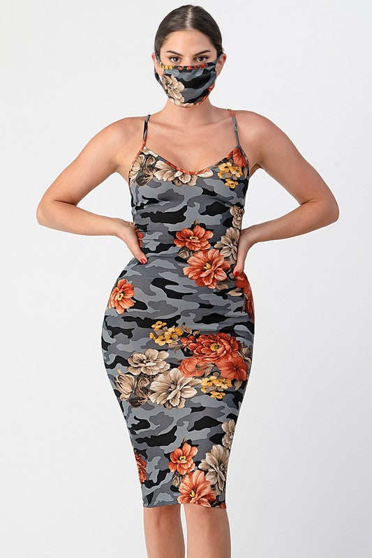 Floral and Camouflage Midi Dress and Face Mask Set