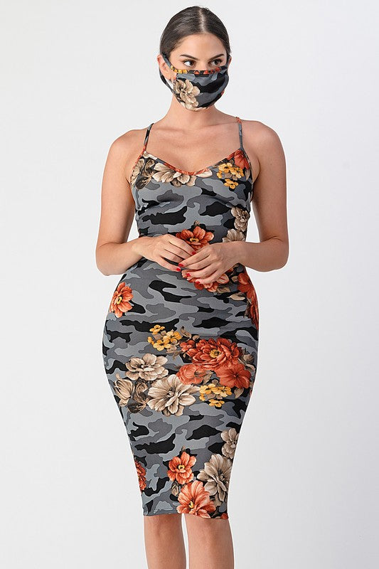 Floral and Camouflage Midi Dress and Face Mask Set