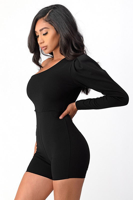 One Shoulder Puff Long Sleeve Bodycon Romper