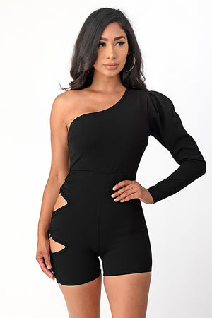 One Shoulder Puff Long Sleeve Bodycon Romper