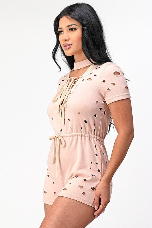 Lace Up Mock Neck Allover Cutout Romper
