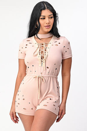 Lace Up Mock Neck Allover Cutout Romper