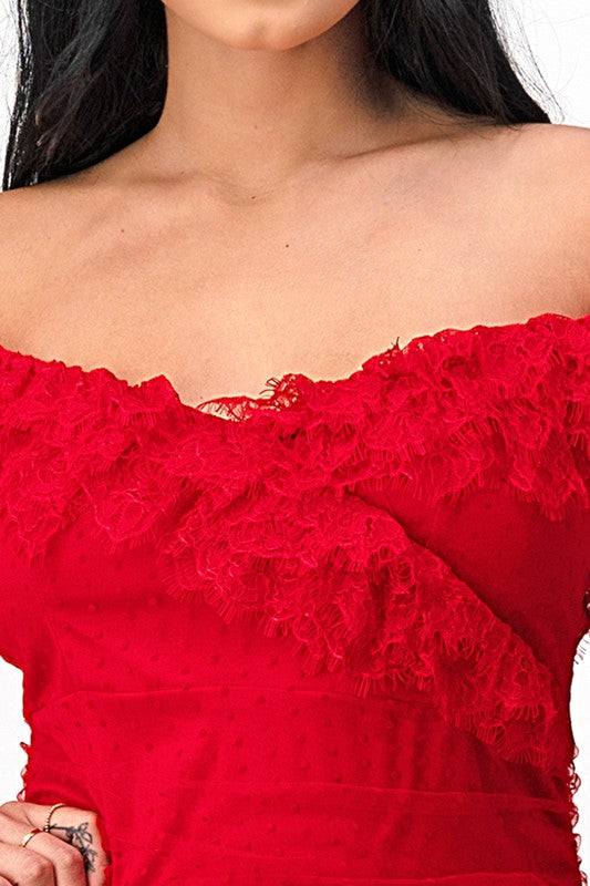 Swiss Dot Lace Trim Off Shoulder Mini Dress