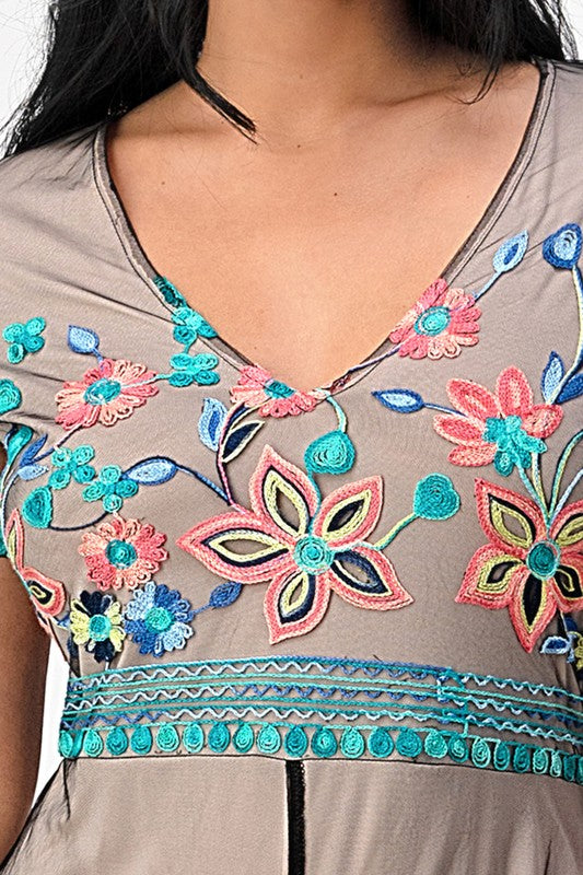 Embroidered Floral Mesh Short Sleeve Romper