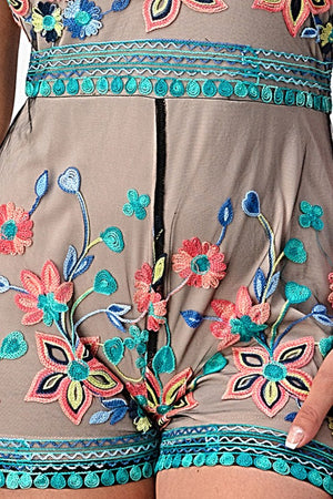 Embroidered Floral Mesh Short Sleeve Romper