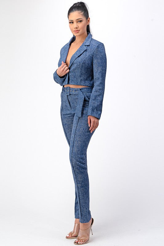 Chambray Cropped Blazer and Slim Tailored Pant