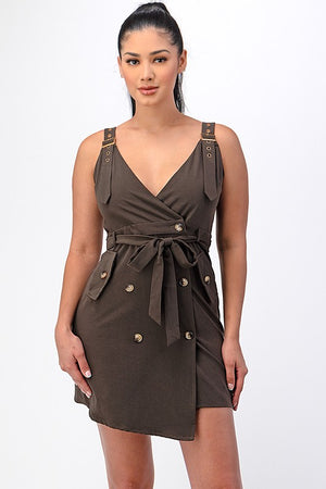 Sleeveless Button Front Belted Mini Wrap Dress