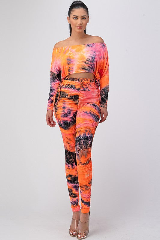 Ruched Tie Dye Long Sleeve Crop Top and Pant Set