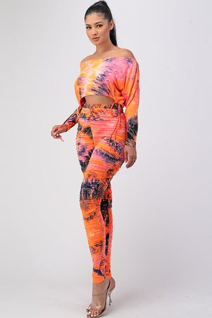 Ruched Tie Dye Long Sleeve Crop Top and Pant Set