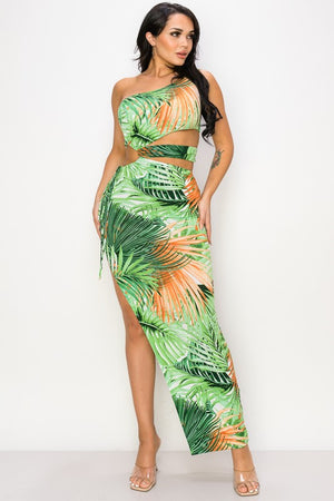 Tropical Cut Out One Shoulder Maxi Dress