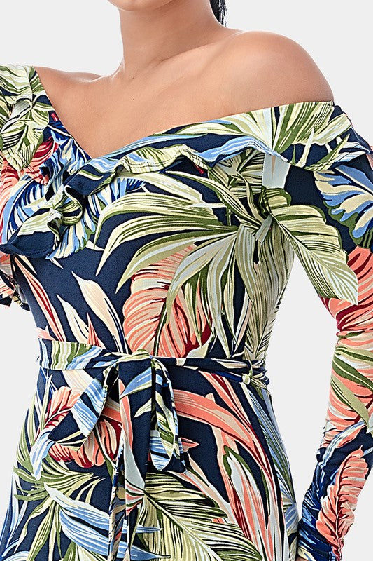 Ruffle Off Shoulder Tropical Print Mini Dress