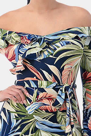 Ruffle Off Shoulder Tropical Print Mini Dress