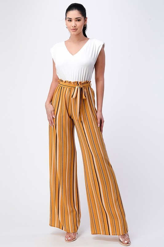 Vertical Striped V Neck Palazzo Jumpsuit