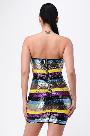 Sequin Multi Stripe Strapless Bodycon Mini Dress