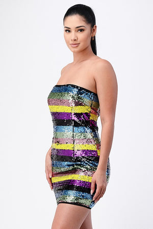 Sequin Multi Stripe Strapless Bodycon Mini Dress