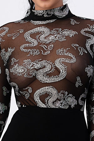 Mesh Dragon Print Top & Solid Bottom Midi Dress