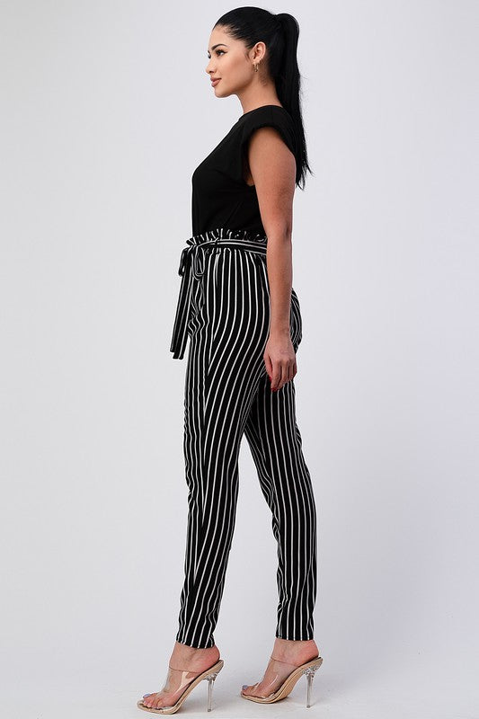 Solid and Pinstripe Paperbag Waist Jumpsuit