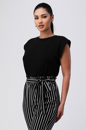 Solid and Pinstripe Paperbag Waist Jumpsuit