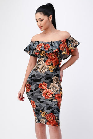 Floral Print Ruffle Off Shoulder Dress