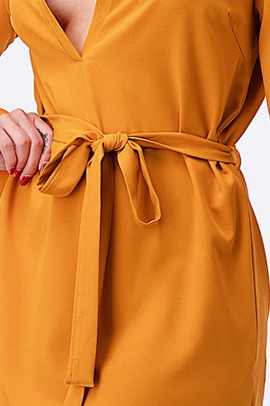 Solid Long Cuff Sleeve Tie Waist Mini Dress