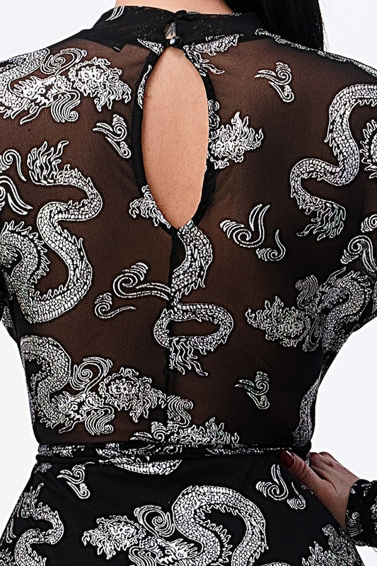 Dragon Print Mesh Bodycon Dress