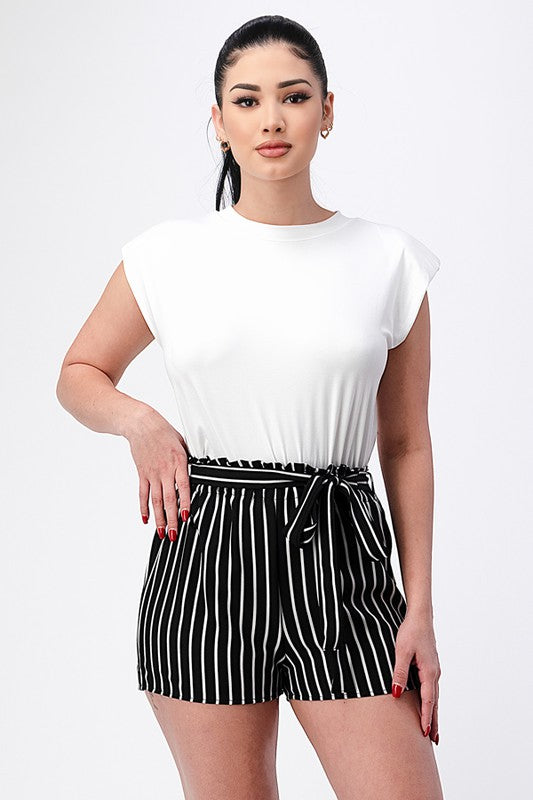 Solid and Pinstripe Paperbag Waist Romper