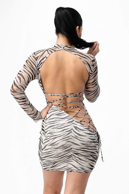 Zebra Print Mock Neck Mesh Mini Dress