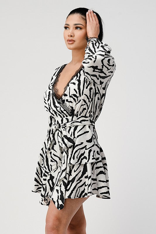 Zebra Print Long Sleeve Wrap Mini Dress