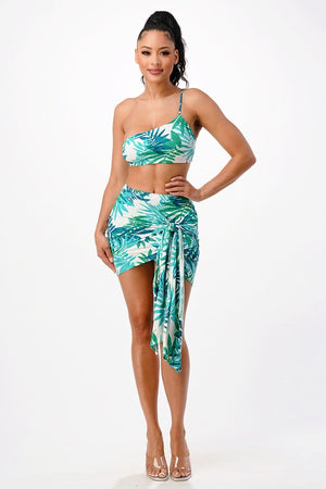 Tropical Sleeveless One Shoulder Mini Skirt Set