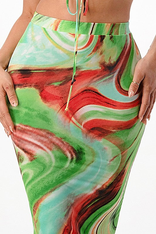 Swirl Print Sleeveless Keyhole Maxi Skirt Set