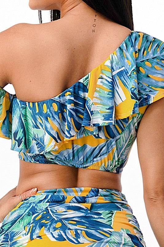 Tropical Ruffled One Shoulder Maxi Skirt Set