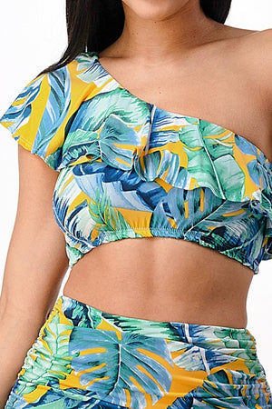 Tropical Ruffled One Shoulder Maxi Skirt Set