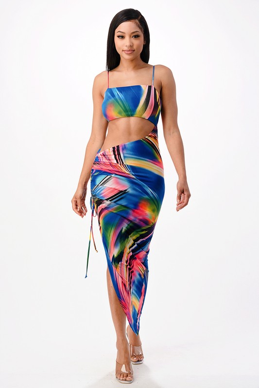 Abstract Print Spaghetti Strap Bodycon Maxi Dress