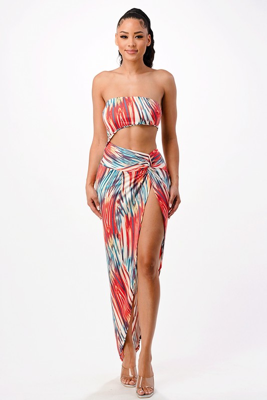 Abstract Print Strapless Asymmetrical Maxi Dress