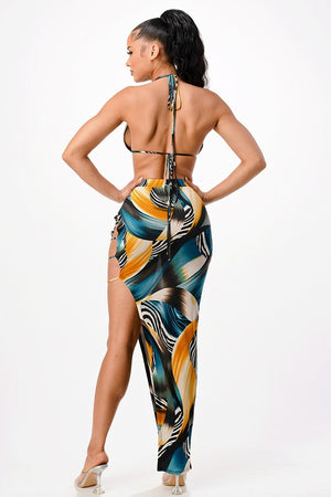 Abstract Print Bikini Asymmetrical Maxi Skirt Set