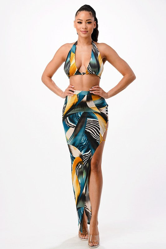 Abstract Print Bikini Asymmetrical Maxi Skirt Set