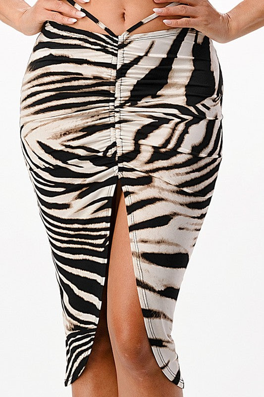 Zebra Print Cross Halter Bodycon Midi Skirt Set