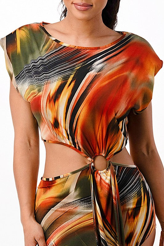 Abstract Print Cut Out Asymmetrical Midi Dress