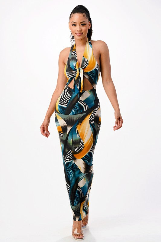 Abstract Print Halter Maxi Dress