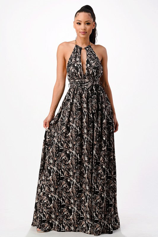 Abstract Print Plunge High Neck Flowy Maxi Dress