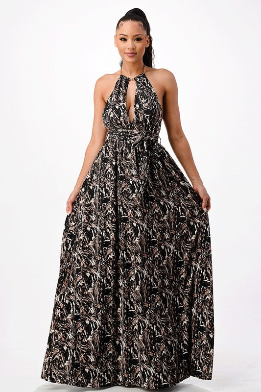 Abstract Print Plunge High Neck Flowy Maxi Dress