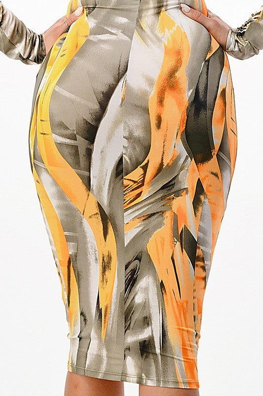 Abstract Long Sleeve Bodycon Midi Dress