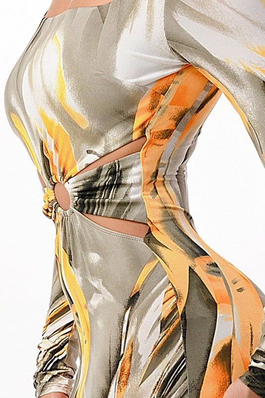 Abstract Long Sleeve Bodycon Midi Dress