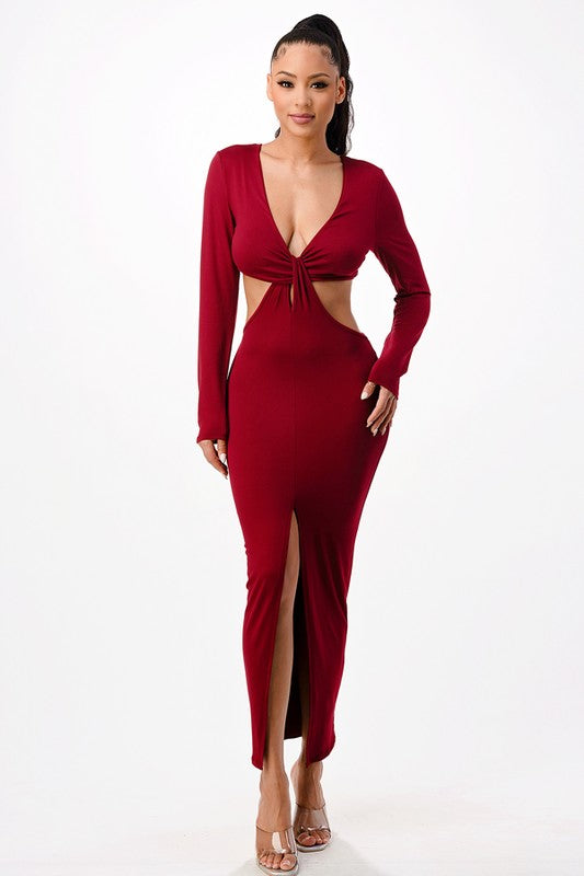 Long Sleeve Plunge Neck Cut Out Maxi Dress
