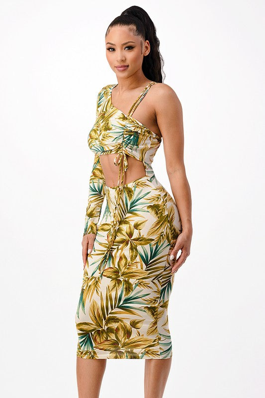 Tropical One Shoulder Bodycon Midi Dress
