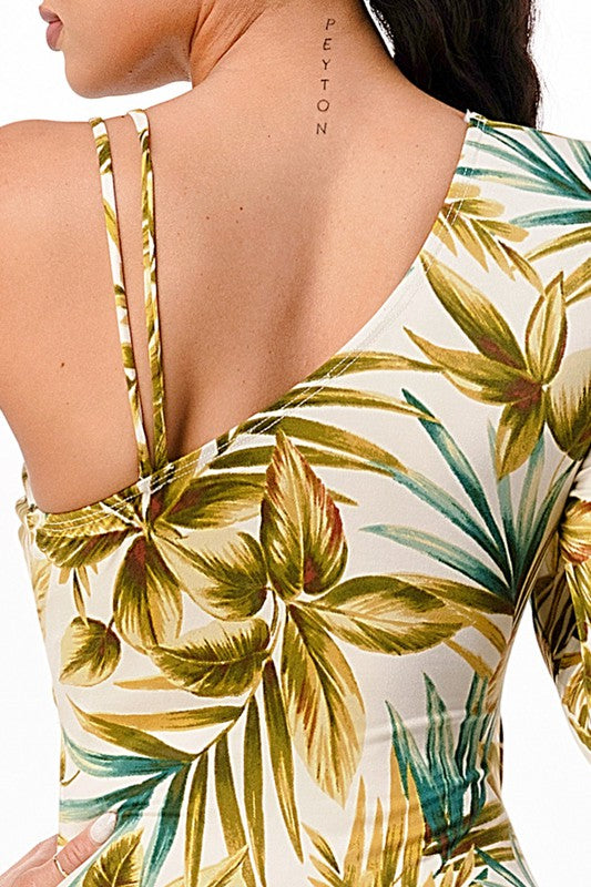 Tropical One Shoulder Bodycon Midi Dress